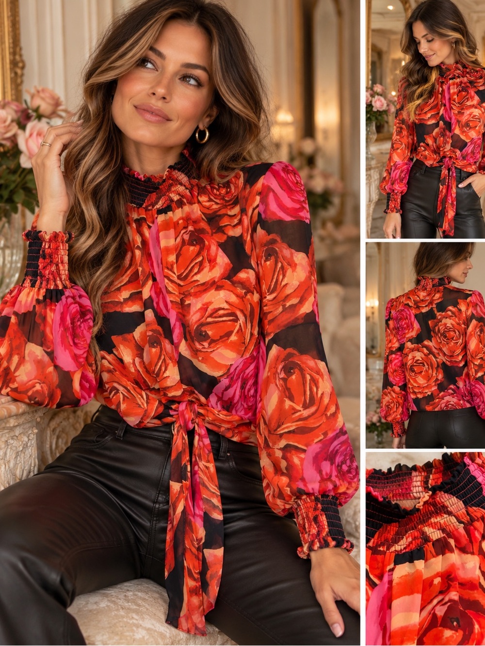 Women’s Floral Tie-Front Blouse in Red and Pink